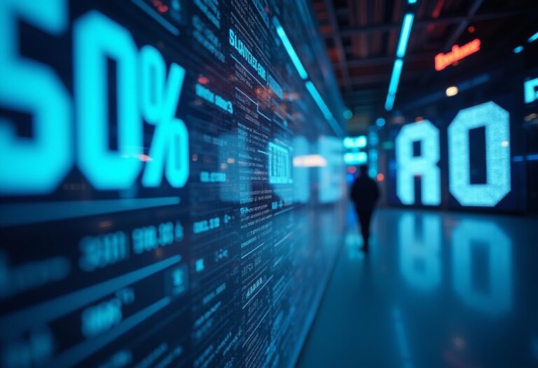 Abstract digital display with blue lighting and text.