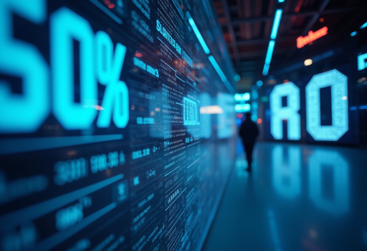 Abstract digital display with blue lighting and text.